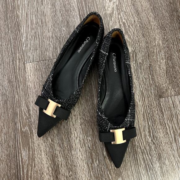 C. Paravano Aida Tweed Pointed Toe Flats Black Gold Metal Bow US 9 Workwear EUC - Picture 5 of 16